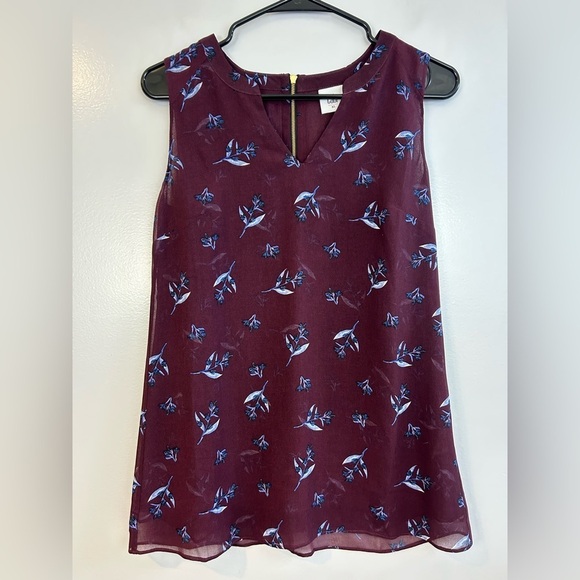 CAbi Icy Floral Burgundy Sleeveless V-neck Flowy Blouse/Tank Size XS - Picture 1 of 11